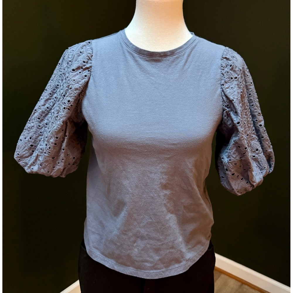 H&M Blue‎ Puff Sleeve Eyelet Cotton Blend T-Shirt Womens XS